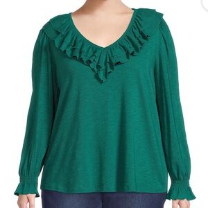 Terra & Sky Women's Plus 3X - 4X Smocked Cuff Ruffle Tee V Neck Tunic Green NWT‎